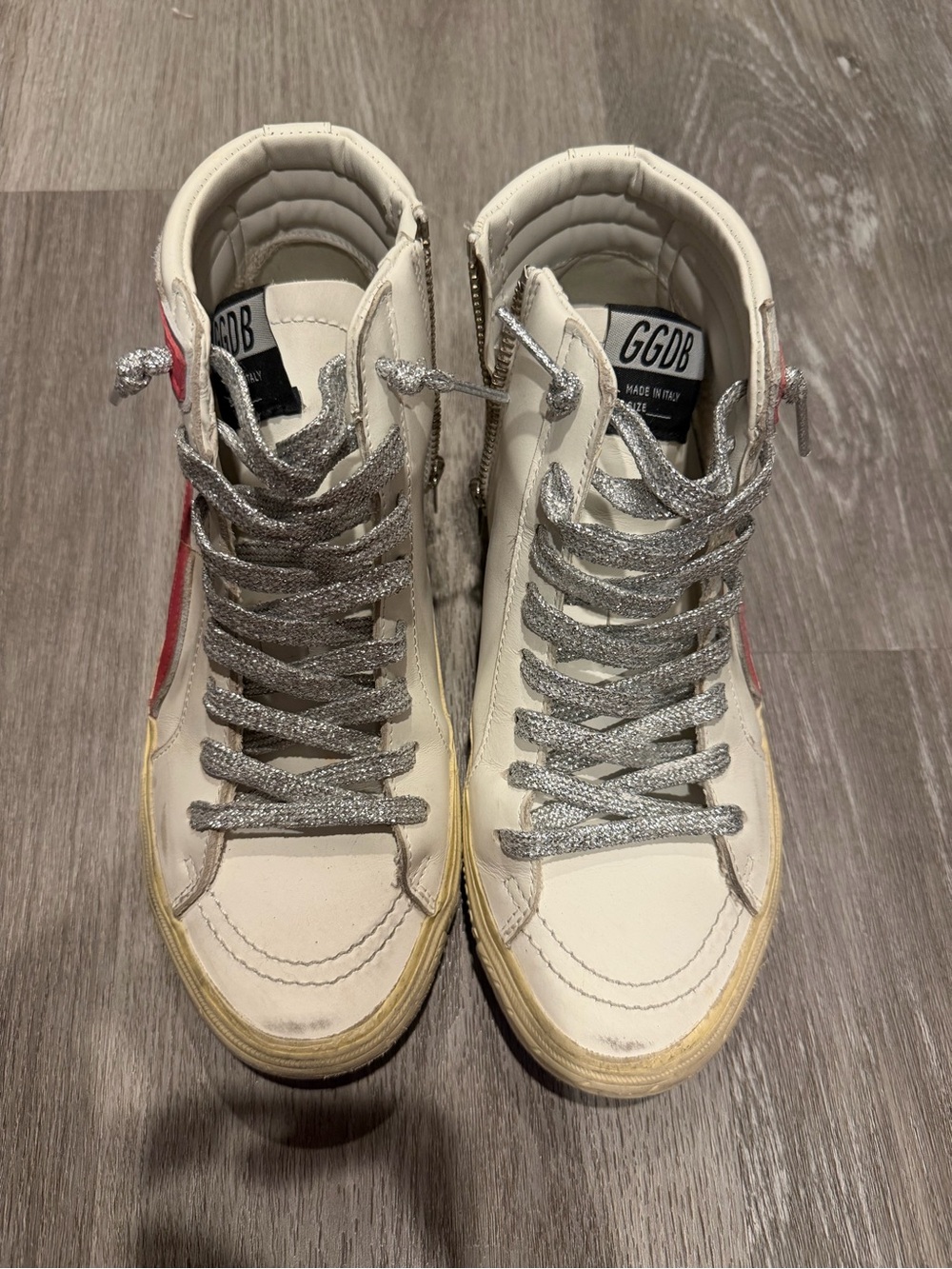 Golden Goose White High-Top Sneakers with Pink Stripe & Blue Star - Picture 3 of 9